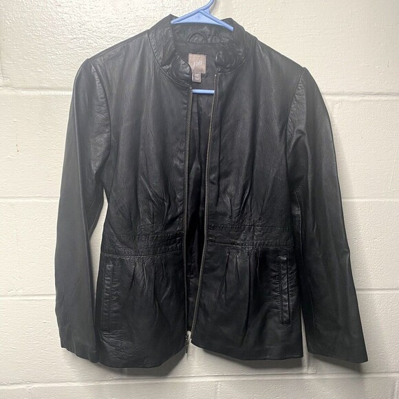 J Jill Women XSmall Petite Black Leather Jacket Zip Mandarin Collar Biker - Picture 3 of 13
